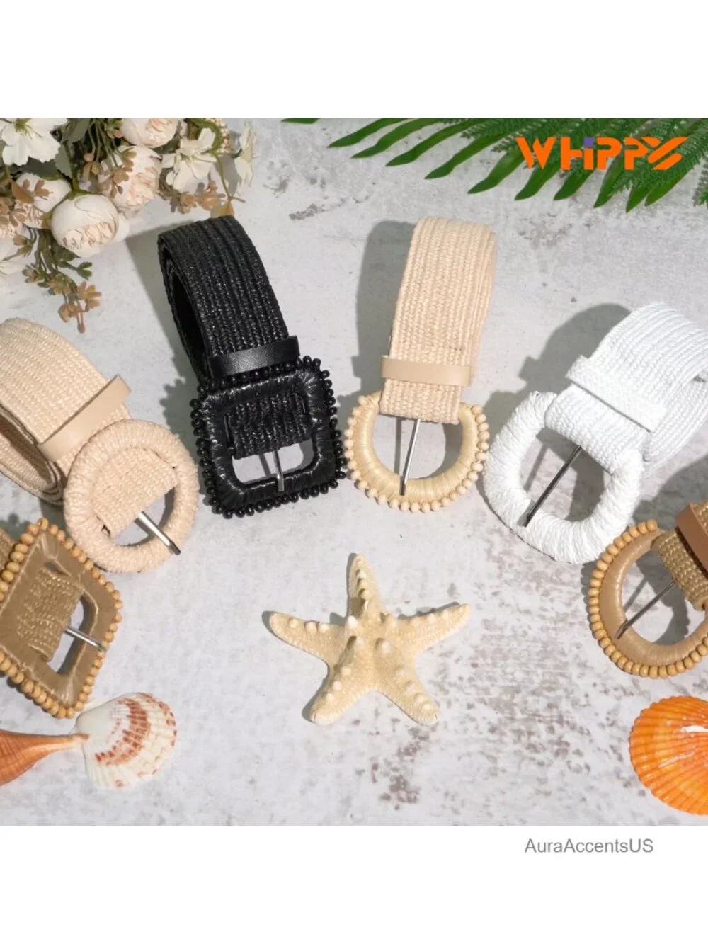 Straw Woven Elastic Waist Belts Boho Braided Skinny Dress Belt 3 Pack